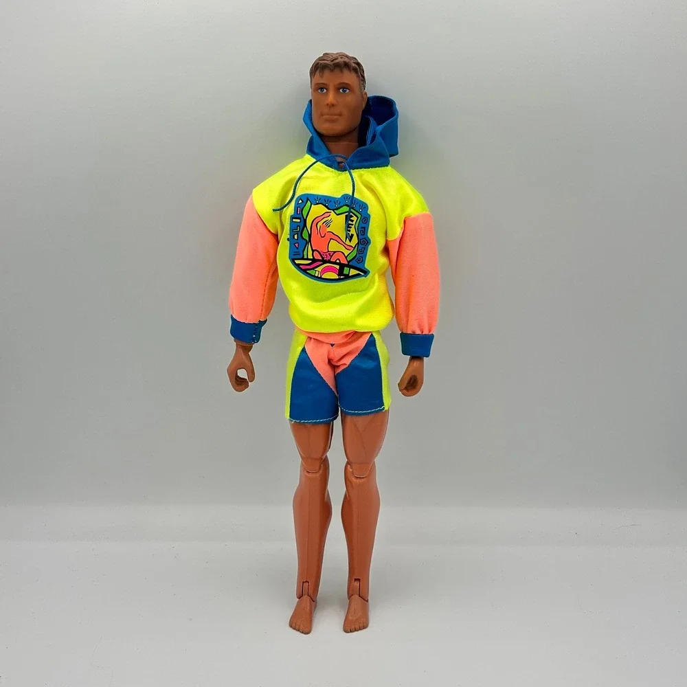 Vintage 2001 Barbie Ken Male Doll Neon Surfer Hoodie & Shorts Set Blue Eyes